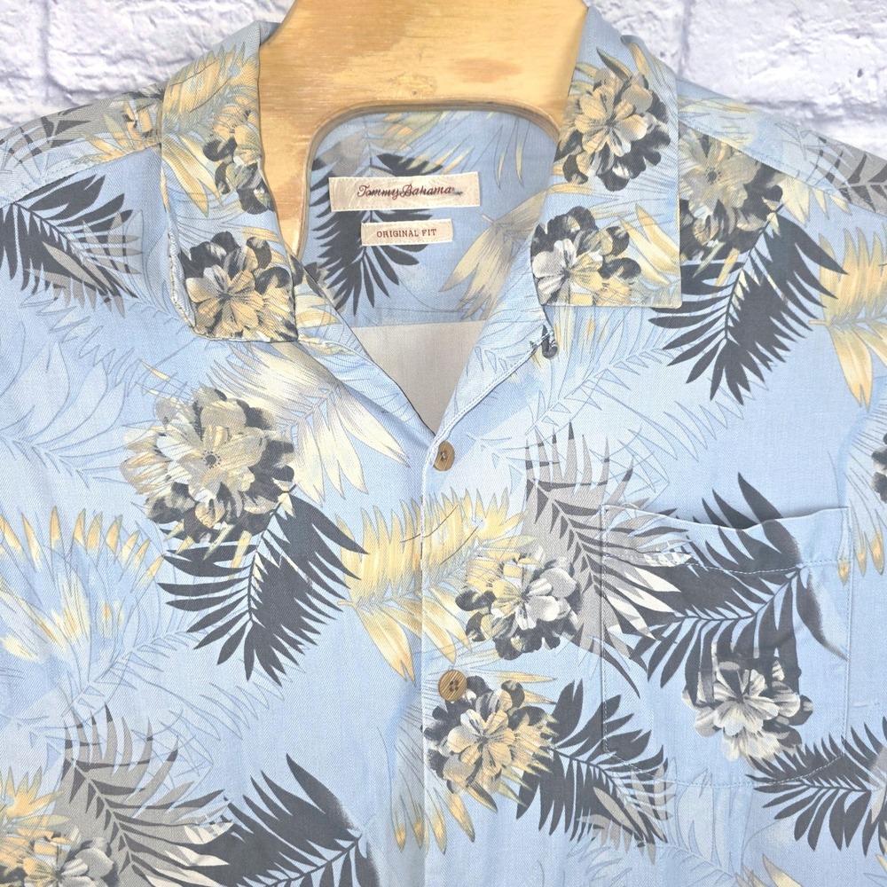 Tommy Bahama Men Blue 100% Silk Tropical Floral Palm Camp Short Sleeve Shirt XL